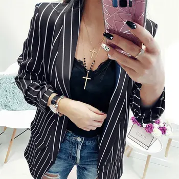

2 Colors Autumn New Women Black White Striped Suit Blazers Tops Female Long Sleeve Stylish Slim Button Blazer Jackets Coats
