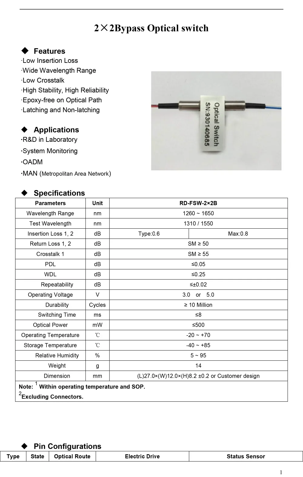 5V фиксация или без фиксации одномодовый 1310nm/1550nm механический 2x2 байпасный оптический переключатель