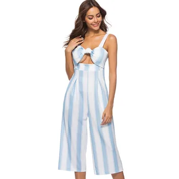 

Sexy Hollow Out Camis Jumpsuits Women Loose Female Striped Summer Ankle-Length Wide Leg Pants Casual Lady V-Neck Rompers