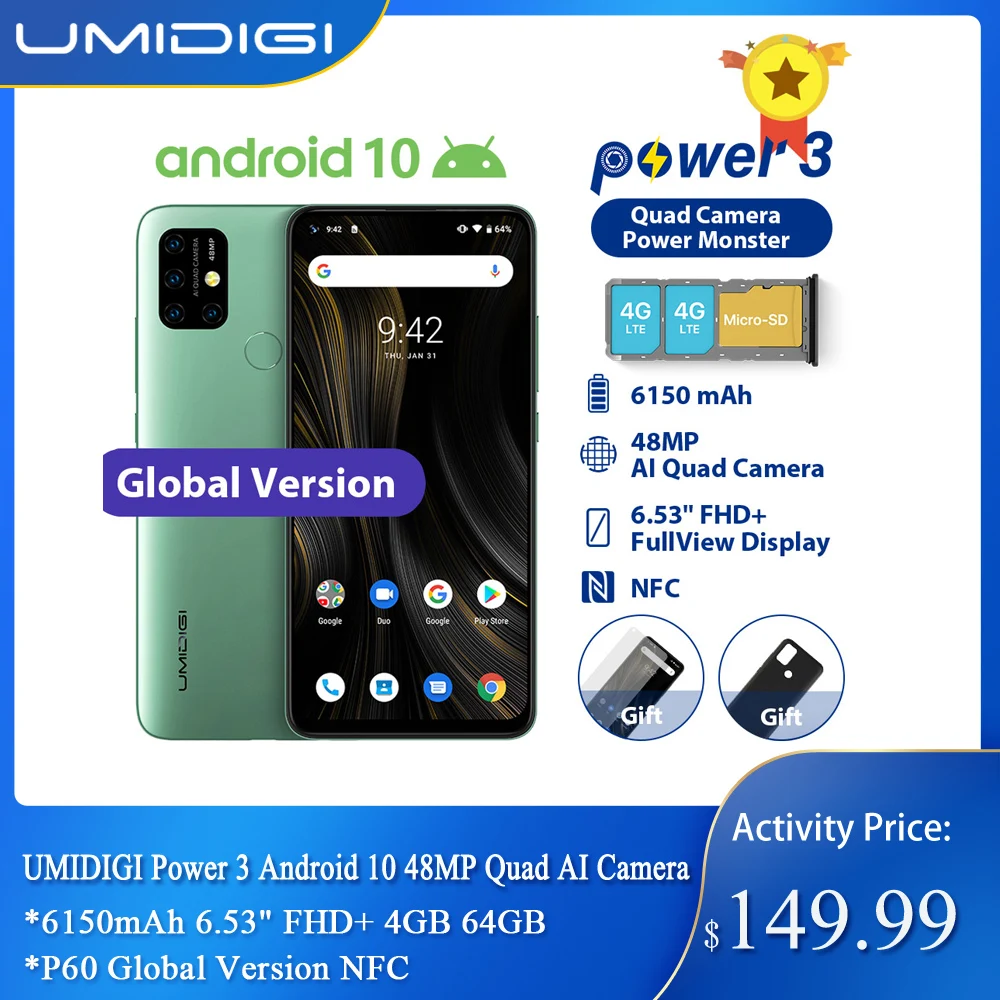 Предварительная UMIDIGI power 3 Android 10 48MP Quad AI камера 6150mAh 6,5" FHD+ 4 Гб 64 Гб Helio P60 глобальная версия смартфона NFC