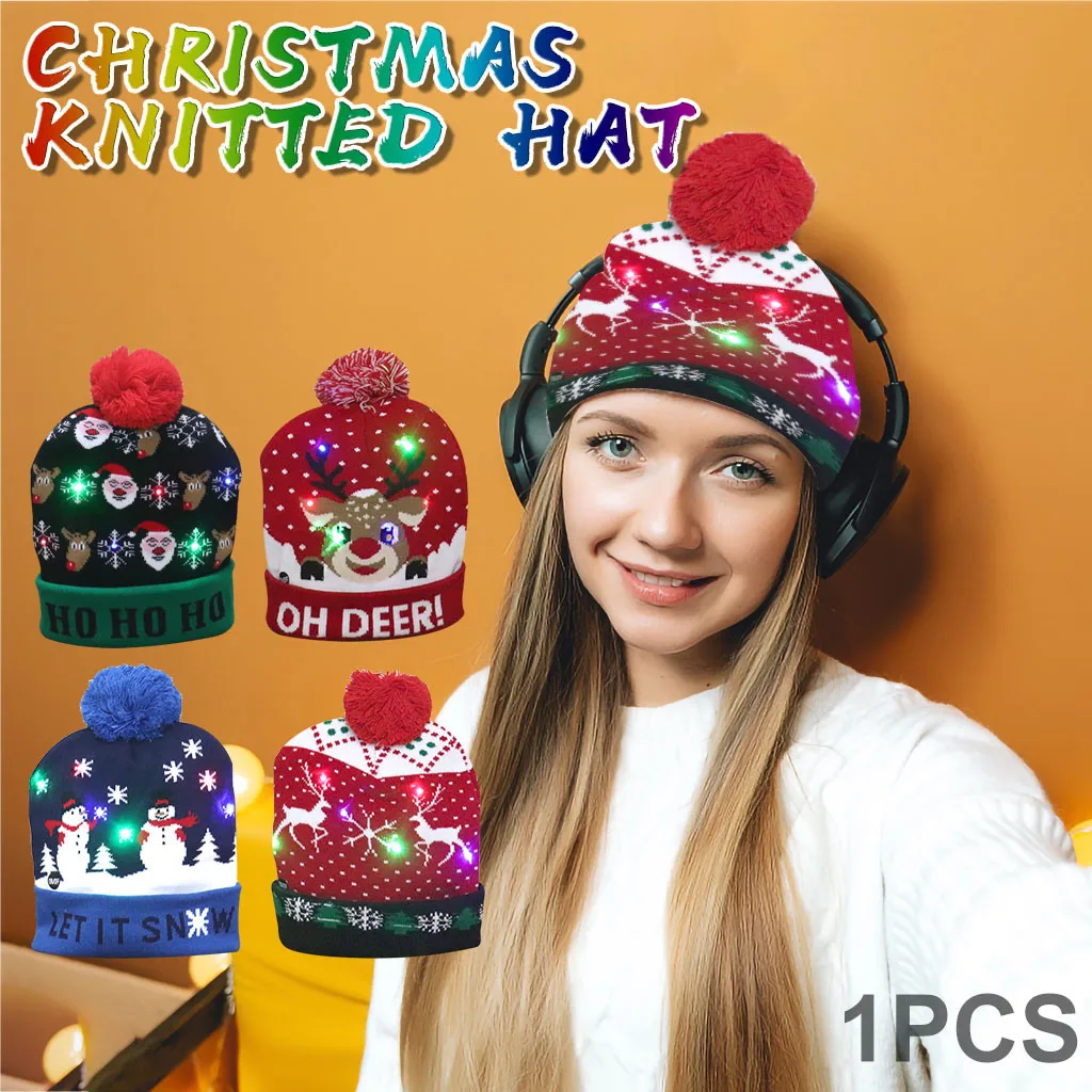 

New Christmas Adult Kid knitting LED Light-up Christmas Merry Hats Xmas Santa Hat Lights Flashing Caps Children Hat Xmas Gift