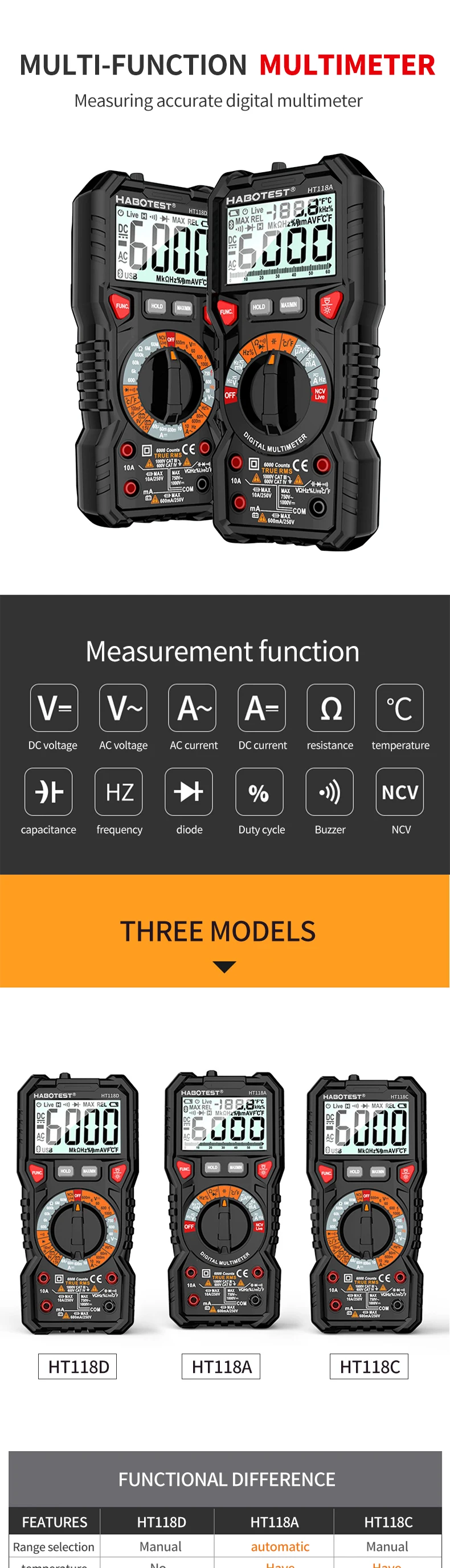 HABOTEST HT118A / C / D Цифровой мультиметр Автоматический диапазон NCV Ture RMS AC / DC 6000 отсчетов Двухцветный экран Индикатор напряжения Индикатор напряжения