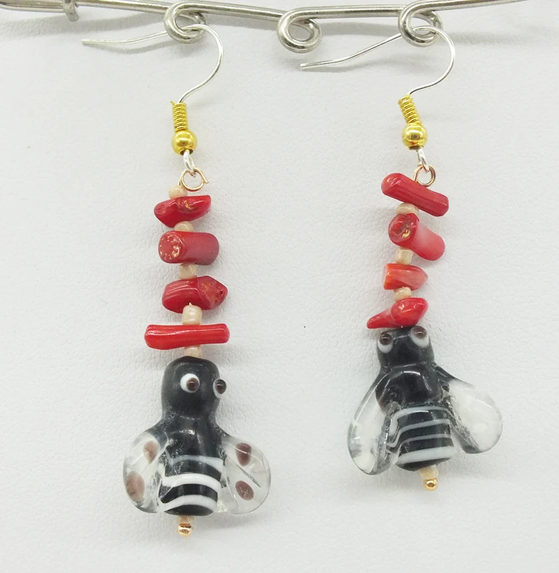 

Classic Gift ~ Murano Glass Bee and Natural Irregular Red Coral Earrings, Delicate Christmas Gifts
