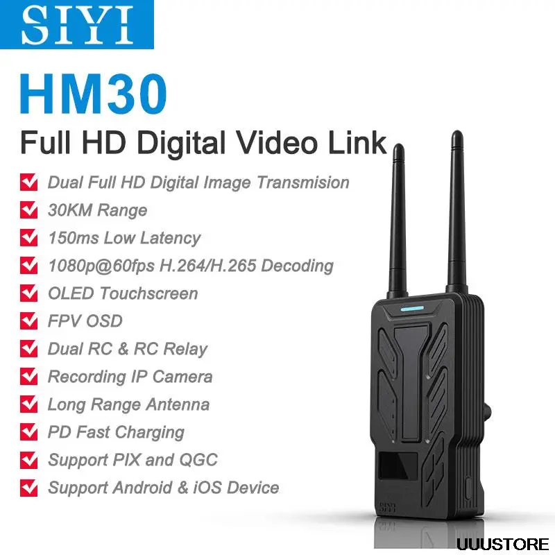 

30KM SIYI HM30 Full HD цифровая видео Link радиосистема передатчик дистанционное управление OLED сенсорный экран 1080p 60fps 150 мс FPV OSD