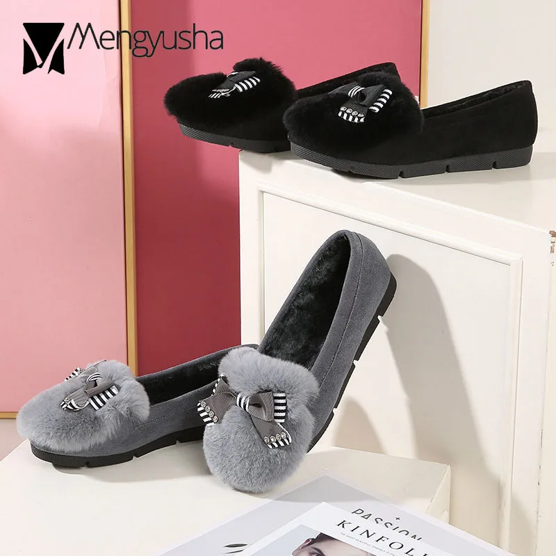 Mocasines mujer/меховые зимние ботинки на платформе в полоску с бантом плюшевые мокасины на плоской подошве с кроличьим мехом, большие размеры 34-43, обувь с бантом со стразами, C98