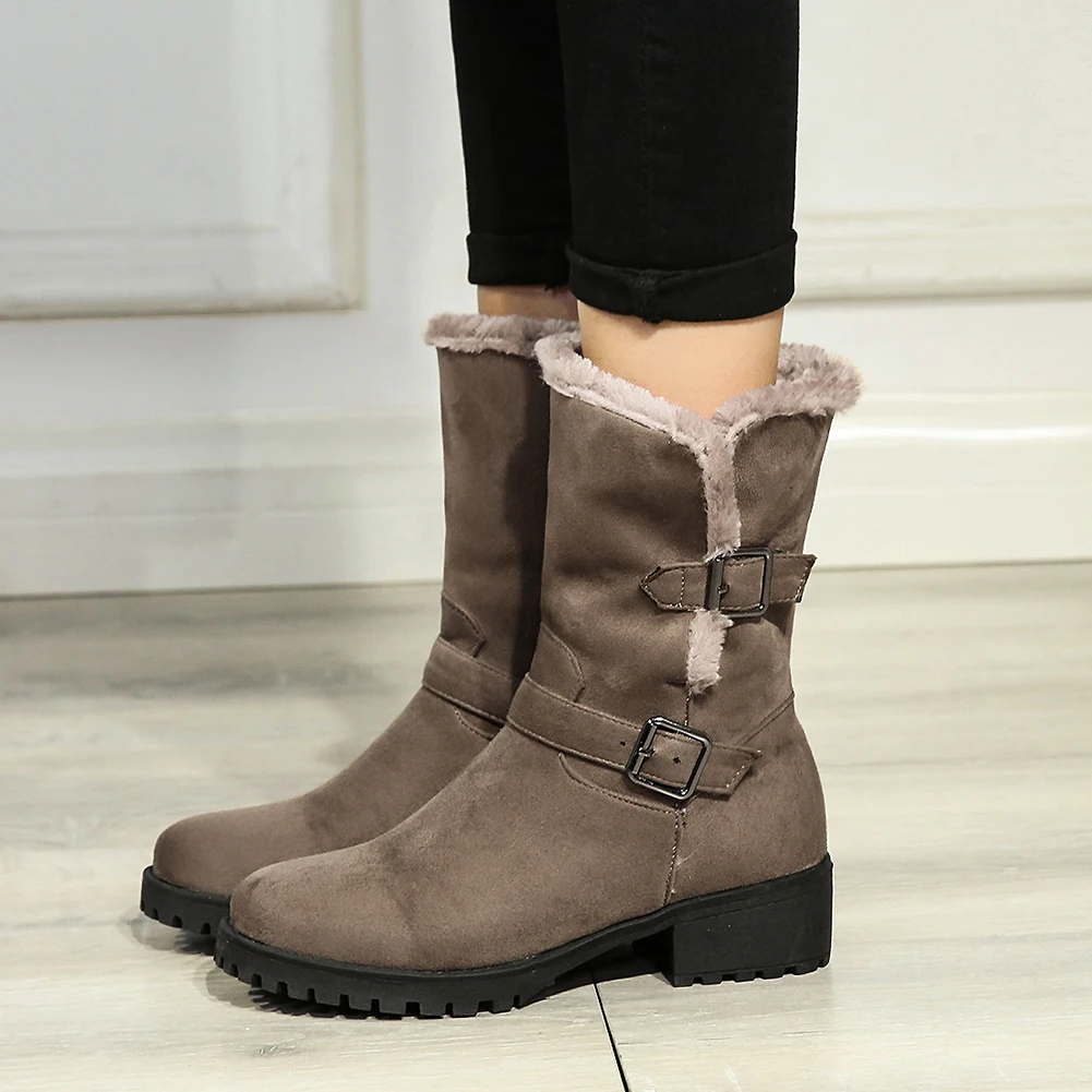 KARINLUNA/новые зимние ботинки, большие размеры 33-44 модная женская обувь на не сужающемся книзу массивном каблуке с пряжкой женские повседневные зимние теплые ботинки на меху женская обувь