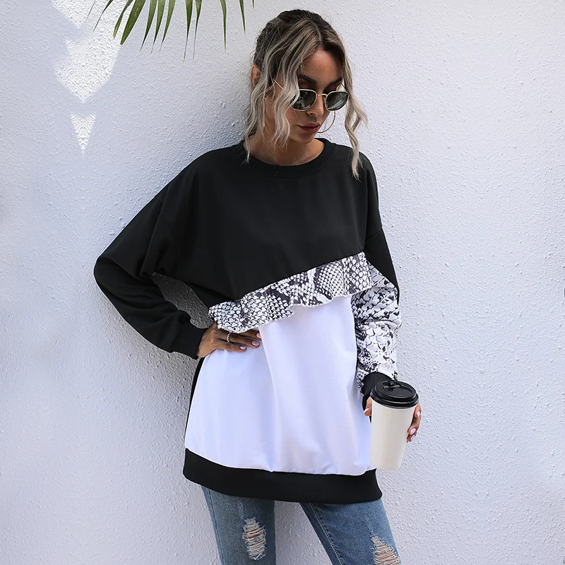 

Round Neck Leopard Print Stitching Long-Sleeved Casual Hoodie Women's 2020 Spring Autumn Slim Black Pullover Top