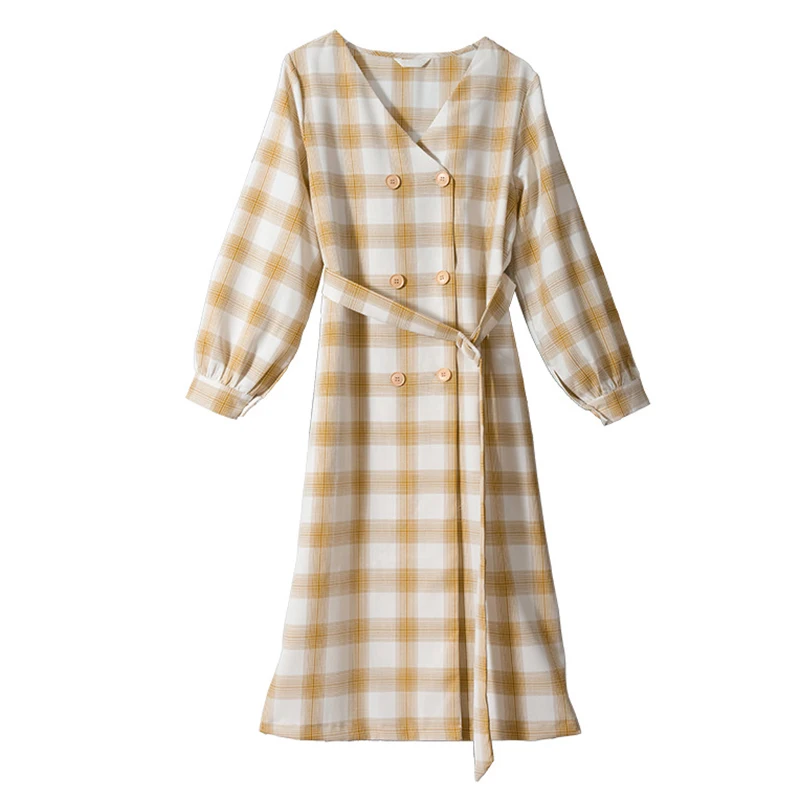 

PERHAPS U Vintage Plaid Yellow Khaki V-neck Button Sash Long Sleeve Knee Length Dress Autumn D2037