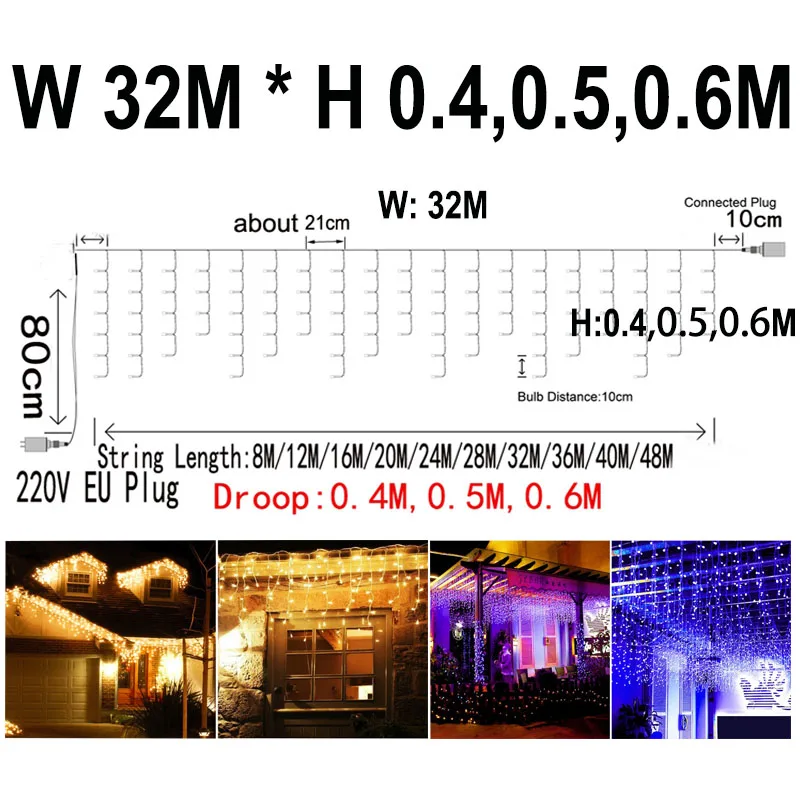 thumbnail image 1 of Guirnalda de luces LED de 4-40 M x 0,4-0,6 M, 220 V, 110 V, decoración de jardín al aire libre para Navidad, vacaciones, bodas, cascadas, 1 of 5