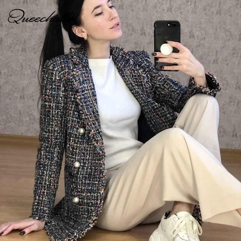 Queechalle Plaid Coat Women 2020 Autumn Winter Buttons Turn down Collar Long Sleeve Elegant Coats Fashion Loose Outerwear Female|Пальто| |