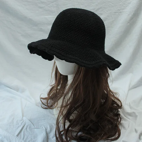 Осенне-зимняя женская вязаная Панама, модные шерстяные шапки с цветочными полями, теплые толстые складные шапки, вязаные Повседневные шапки для девочек - Цвет: black