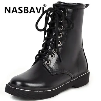 

2019 New fashion PU leather Women Martin Boots Fashion Spring autumn Female Ankle Boots round head low heel lacing Women boots