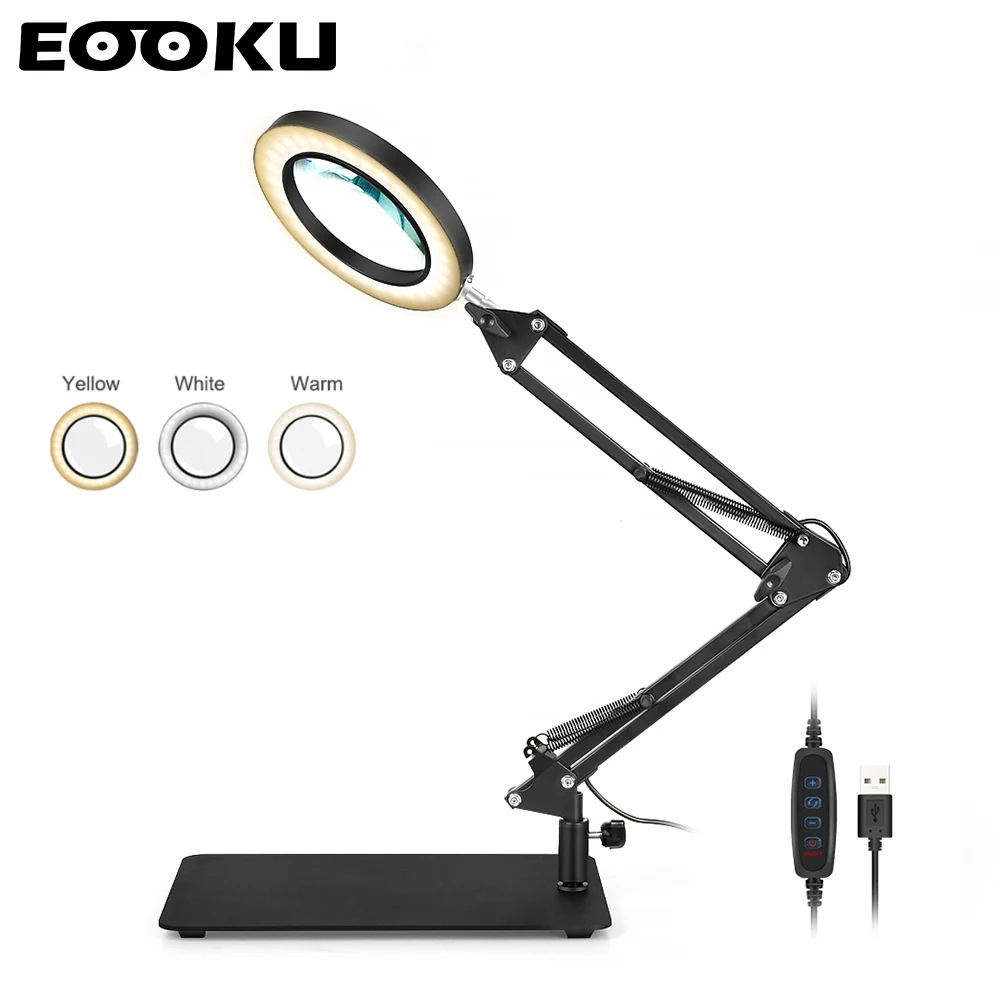 EOOKU Table Lamp LED USB 5X Magnifying Glass 3 Color Flexible Handle Professional Lighting Energy Saving Eye Protection