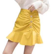 Уличная ruched ruffles Русалка Мини Женская юбка осень высокая талия пуговицы из искусственной кожи юбки женские сексуальные листья лотоса jupe saias