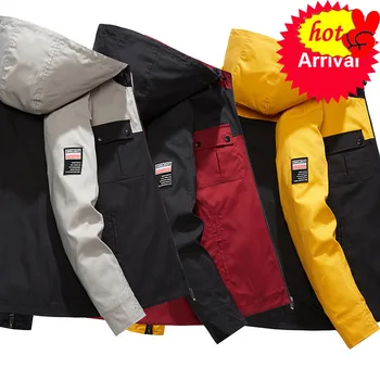 

Solid Hooded Men Jackets Patchwork Bomber Jacket Coats 2020 Spring Autumn Men's Jacket Slim Fit Windbreakers Plus Size 5XL