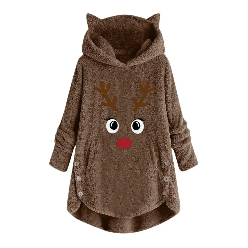 Модный женский свитер с капюшоном и кошачьими ушками, большой размер, длинный рукав, на пуговицах, теплый пуловер, рождественские повседневные топы, свитера - Цвет: Coffee