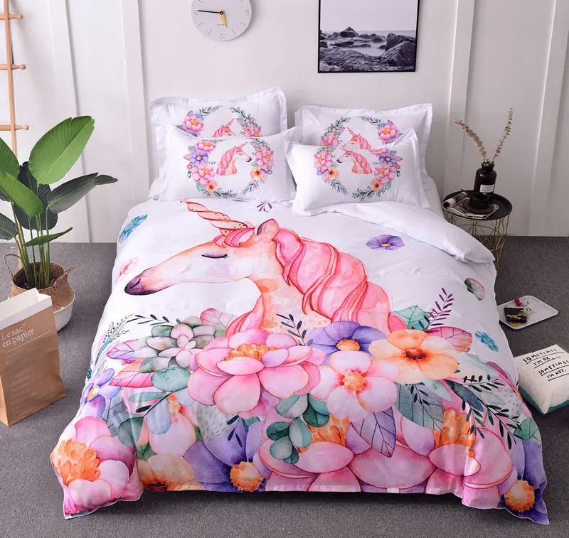 

3d Unicorn Bedding Set 3-piece Quilt Cover Girl Cute Pink Clothes Children Queen Anime Cotton Bed Winter Watercolor Pillowcases