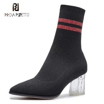 

Prova Perfetto New Ladies Mixed Color Stripe Ankle Boots Crystal Transparent Chunky Heel Stretch Knitting Sock Boots Women