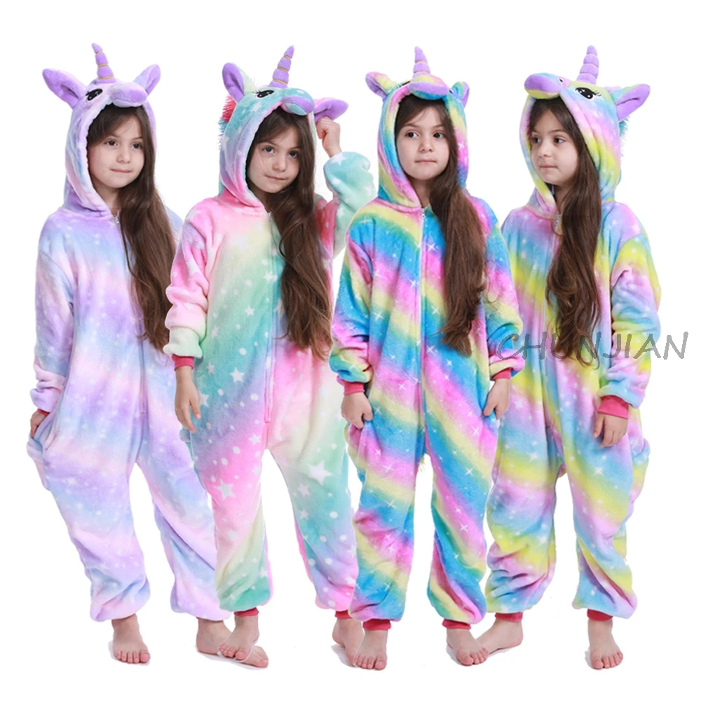 Зимняя Пижама для маленьких девочек с изображением радуги и единорога Пижама с изображением панды и единорога для мальчиков, Комбинезоны для детей 4, 6, 9, 10, 12 лет