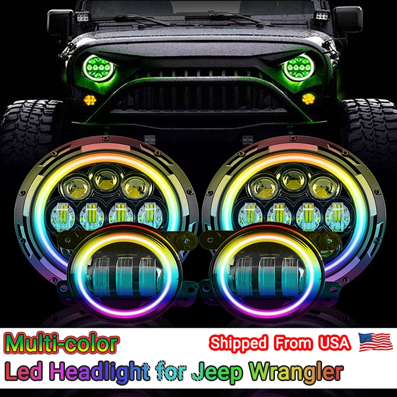 

Muti-Color 7" RGB LED Halo Headlights & Fog Light Combo Kit 7 Inch Headlight for Jeep Wrangler