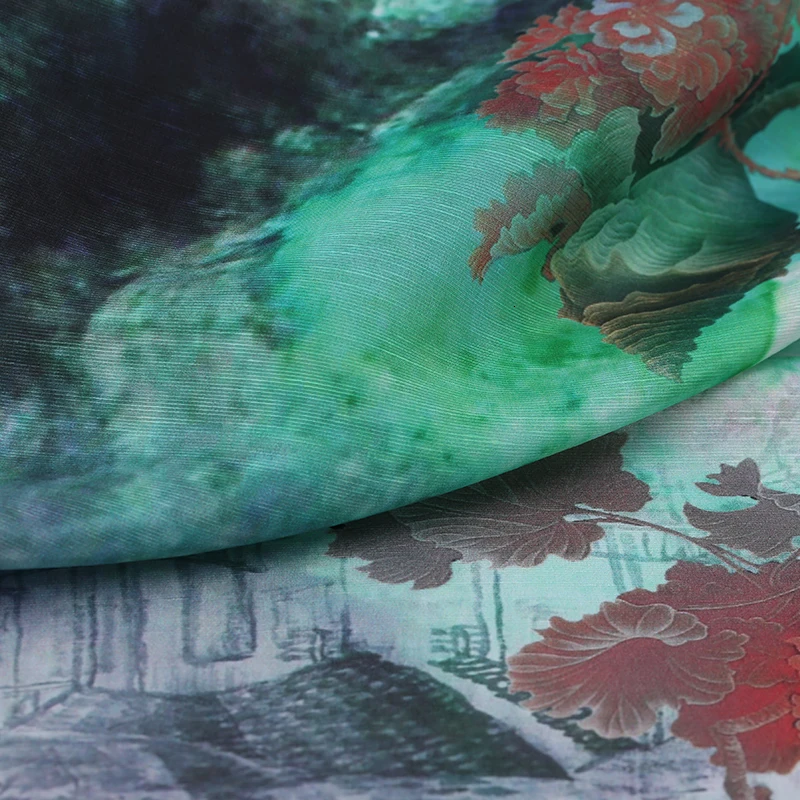Чистый натуральный шелк и льняная ткань тонкая просвечивается в горном летнем принте льняная шелковая ткань