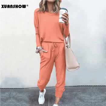 

XUANSHOW 2020 Spring Autumn Women Tracksuit Two Piece Set Loose Comfortable Simple Style Solid Color Long Sleeve Casual Suit