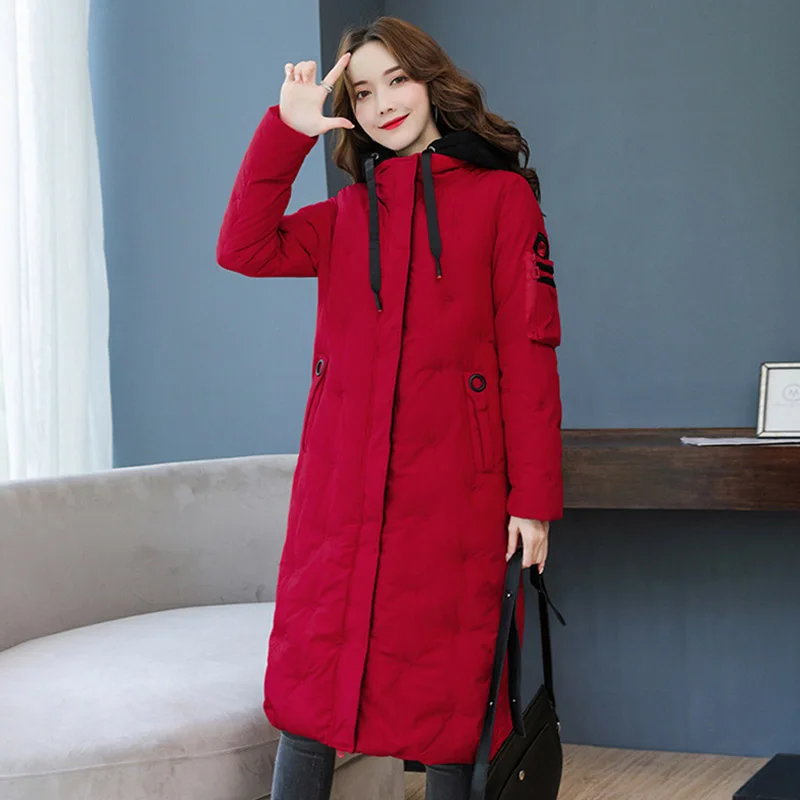 Новое поступление зимняя куртка женская с капюшоном и стоячим воротником Высококачественная теплая утепленная женская куртка длинная парка Mujer Invierno - Цвет: Красный