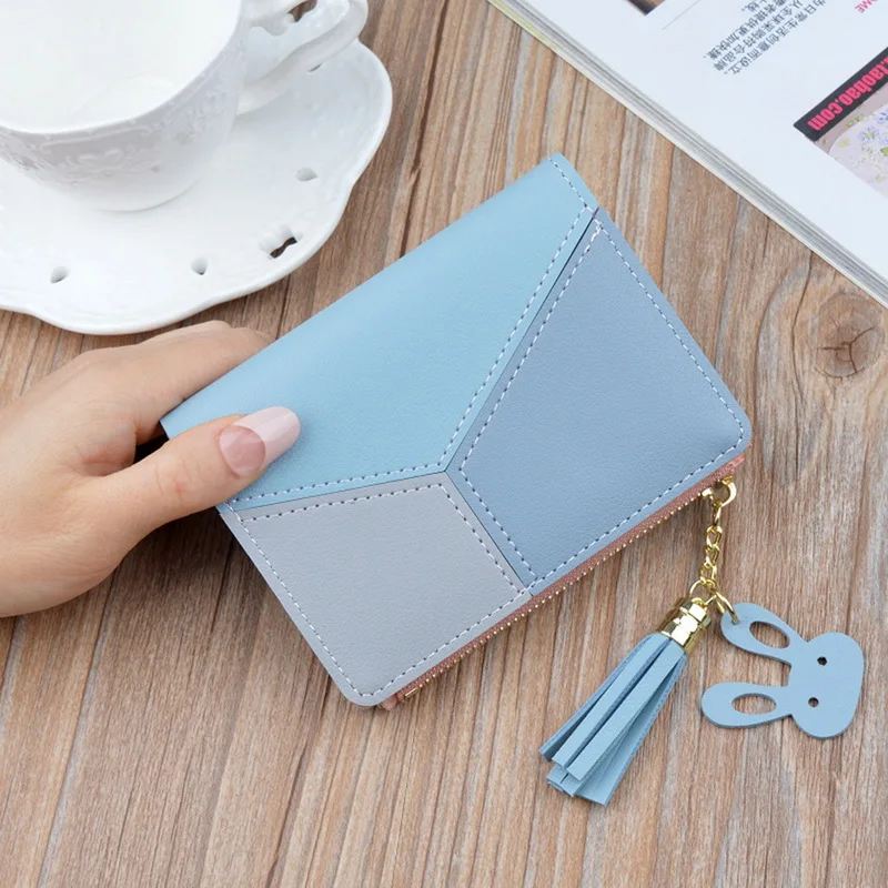 Oeak Wallet Short Women Wallets Zipper Purse Patchwork Fashion Panelled Wallets Trendy Coin Purse Card Holder Leather - Цвет: Blue