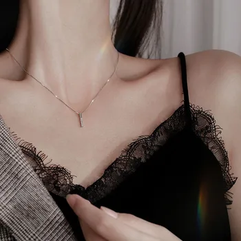 

S925 Sterling Silver Long Strip Geometric Necklace for Fashion Women Jewelry Pendant Clavicle Chain Wedding Party Gift