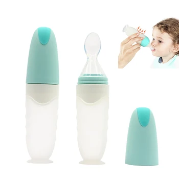 

90ML Baby Squeezing Feeding Bottles with Suction Cup Infant Kids Silicone Feeder Bottles Training Bottles Spoon Kids Cup