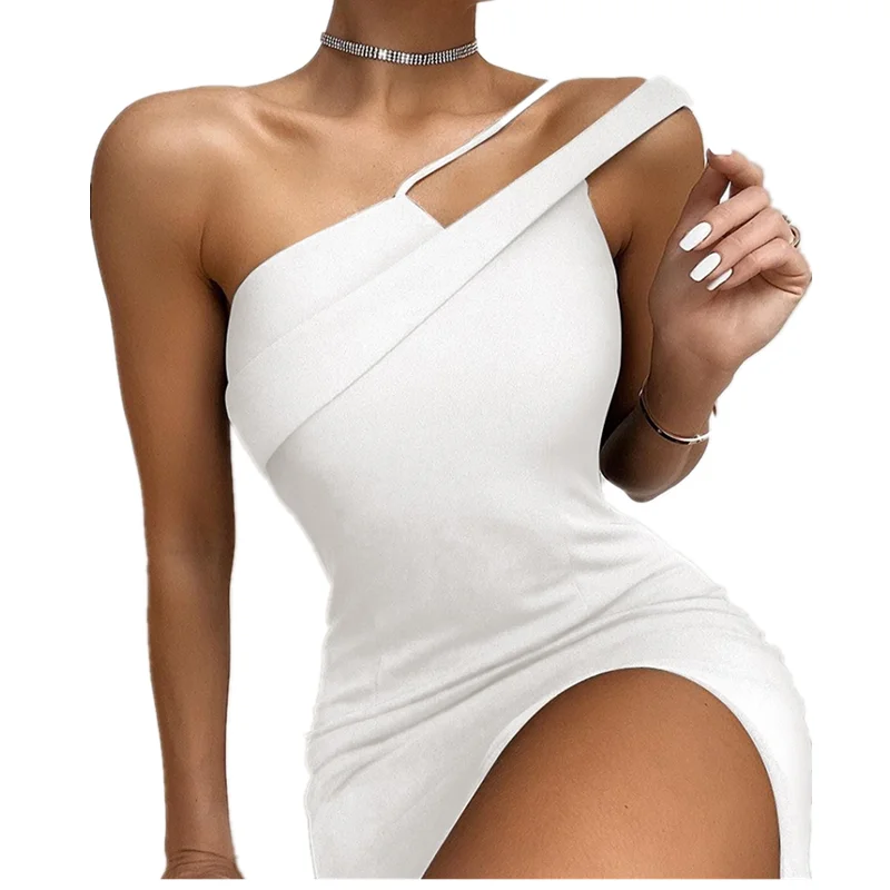 Wommen Sleeveless Solid Dress One shoulder strap Mini Summer Wear Slash Neck Package Buttocks Clothes Sexy Irregular Fashion | Женская
