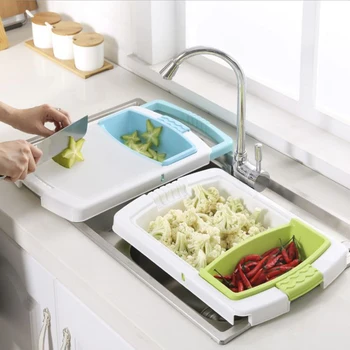 

Chopping Board With Drain Basket plastic double side and fruit drain Retractable Cutting Board Multifunction Kitchen Gadget