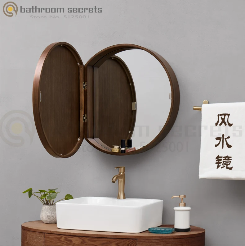 Твердый деревянный зеркальный шкаф для ванной комнаты круглый скрытый зеркальный ящик настенный зеркальный шкаф для ванной комнаты Анти-туман