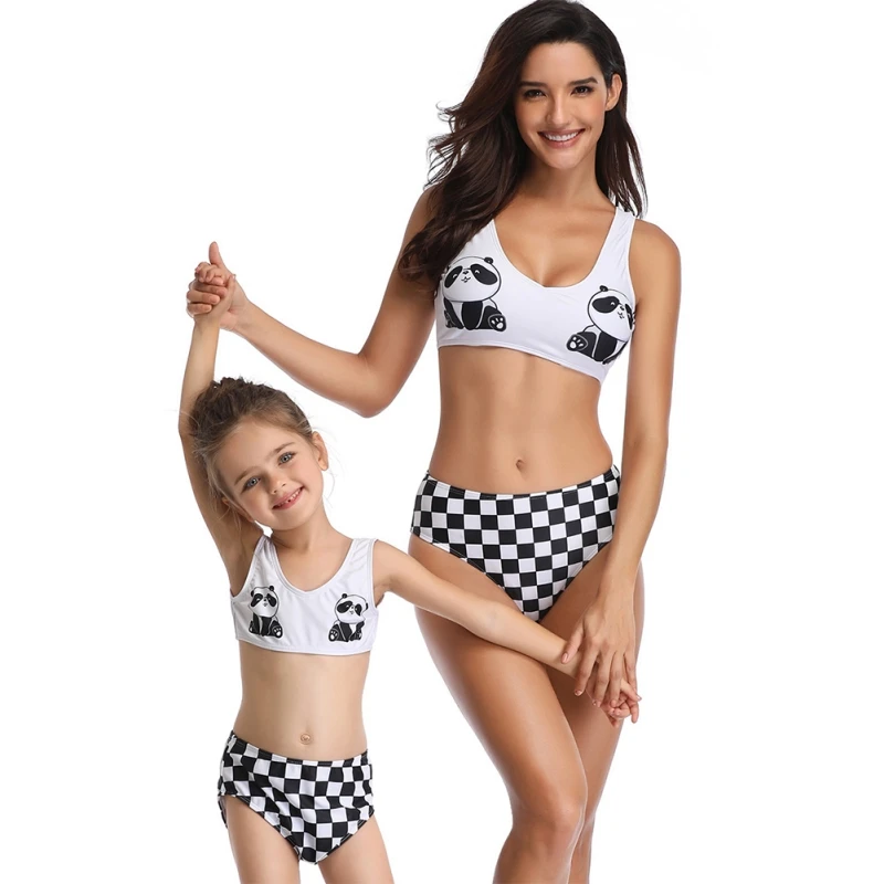 

Swimsuit 2 Pcs Sleeveless Mother And Daughter Swimwear Cute Cartoon Panda Parent-Child suit clever panda print clothing