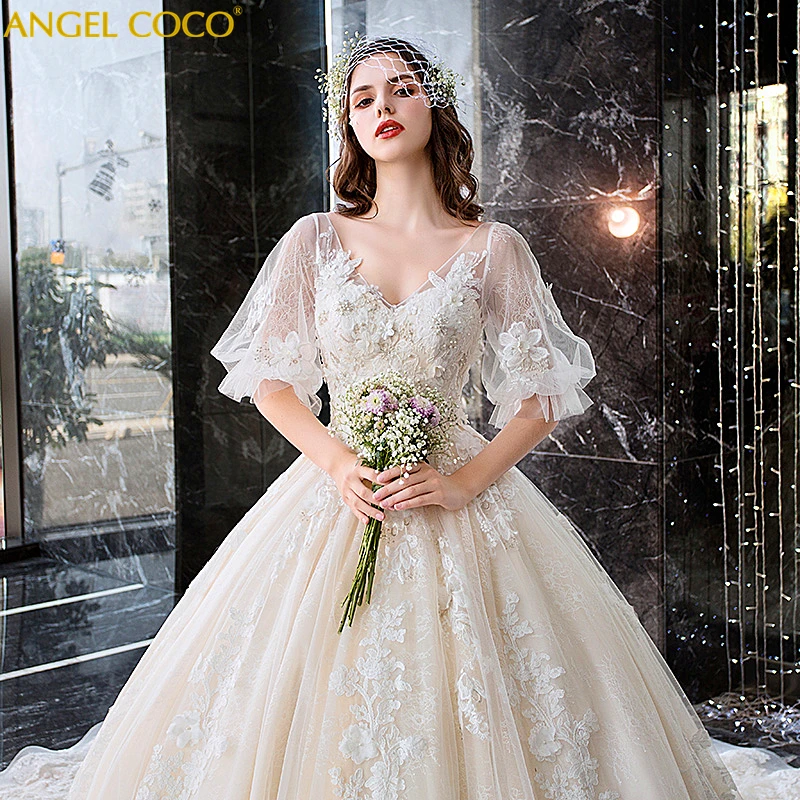Maternity Dresses Wedding Princess Romantic Lace V neck Handmade Beading Long Tail Pregnancy Dress Robe Mariee Gown Bridal Dress