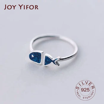 BF CLUB  Silver Color Geometric Black Enamel blue fish  Adjustable Ring Minimalist Fine Jewelry For Women Party Gift
