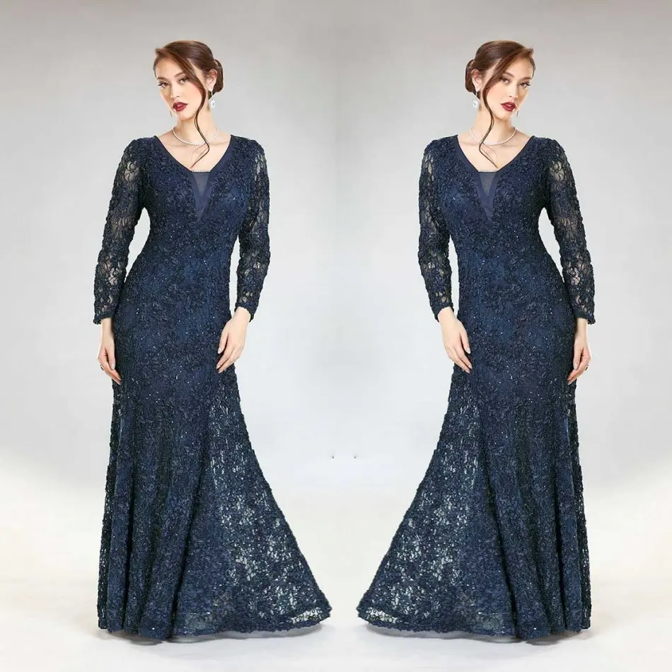 Navy Lange Mouwen Moeder van de Bruid Jurken Full Lace Kralen Goedkope Wedding Gast Jurk Custom Vrouwen Formele Outfit Navy Lange Mouwen Moeder van de Bruid Jurken Full Lace Kralen Goedkope Wedding Gast Jurk Custom Vrouwen Formele Outfit