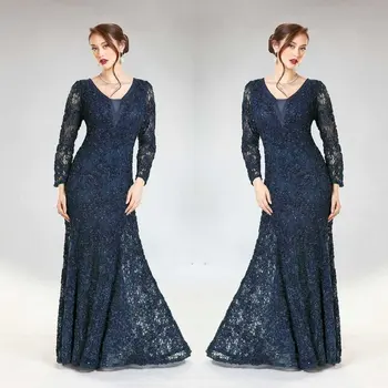 

Navy Long Sleeve Mother of the Bride Dresses Full Lace Beaded Cheap Wedding Guest Dress Custom Women Formal Outfit