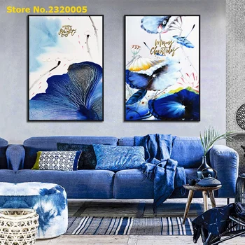 

New Chinese Style Blue Ink Lotus Animal Flying Bird Canvas Painting Art Wall Poster Landscape House Decor Picture Living Room