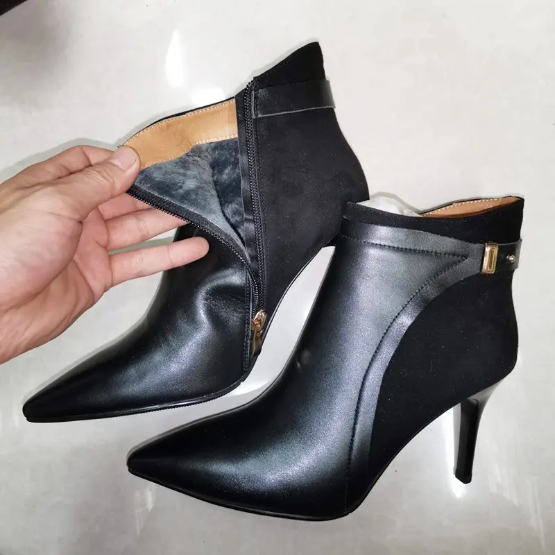 Plush insole black EGONERY/ботинки из коровьей кожи; коллекция года; модные вечерние пикантные ботильоны из флока; цвет черный, бежевый; зимняя обувь на высоком каблуке 8,5 см с металлическим украшением - Цвет: Plush insole black