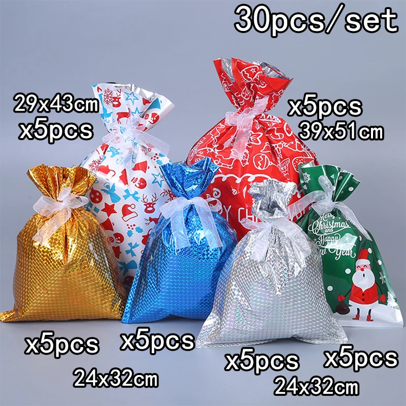 30pcs Christmas Party Bags Candy Gift Bag Packing Wrap Ribbon Tie Xmas Santa Bag