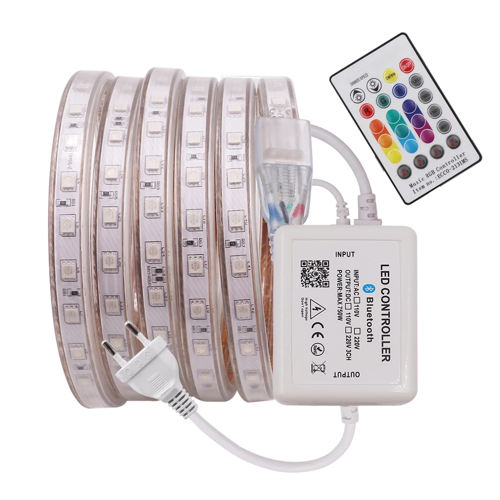cheap LED Music Strip Light RGB 220V 110V AC 60LED 120LED 5050 SMD Waterproof Flexible Strip Home Decoration Lamp 24key Remote Control