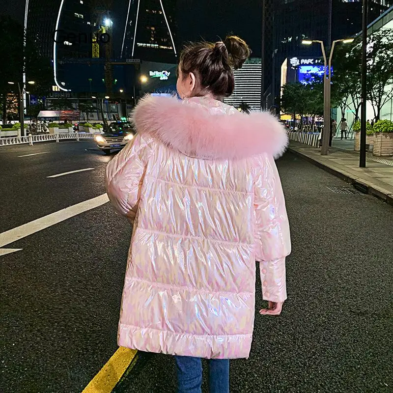 Bright White Winter Jacket Women New Hooded Fur Collar Long Winter Parkas Thicken Cotton Padded Coats Casual Women Jacket