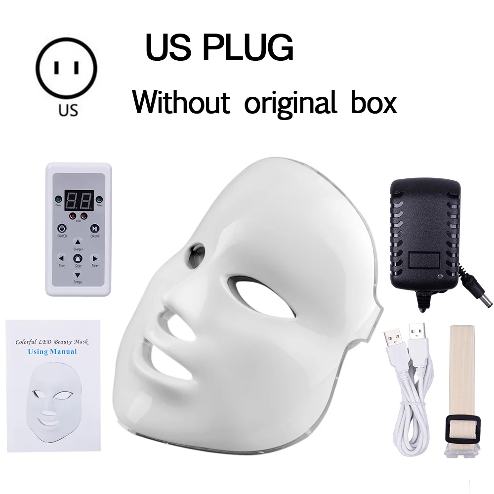 US Plug without box Светодиодный светильник для омоложения кожи, маска для лица, светодиодный, Корейская фотонная терапия, маска для лица, светодиодный светильник, терапия, маска для акне, светодиодный, 7 коло - Цвет: US Plug without box