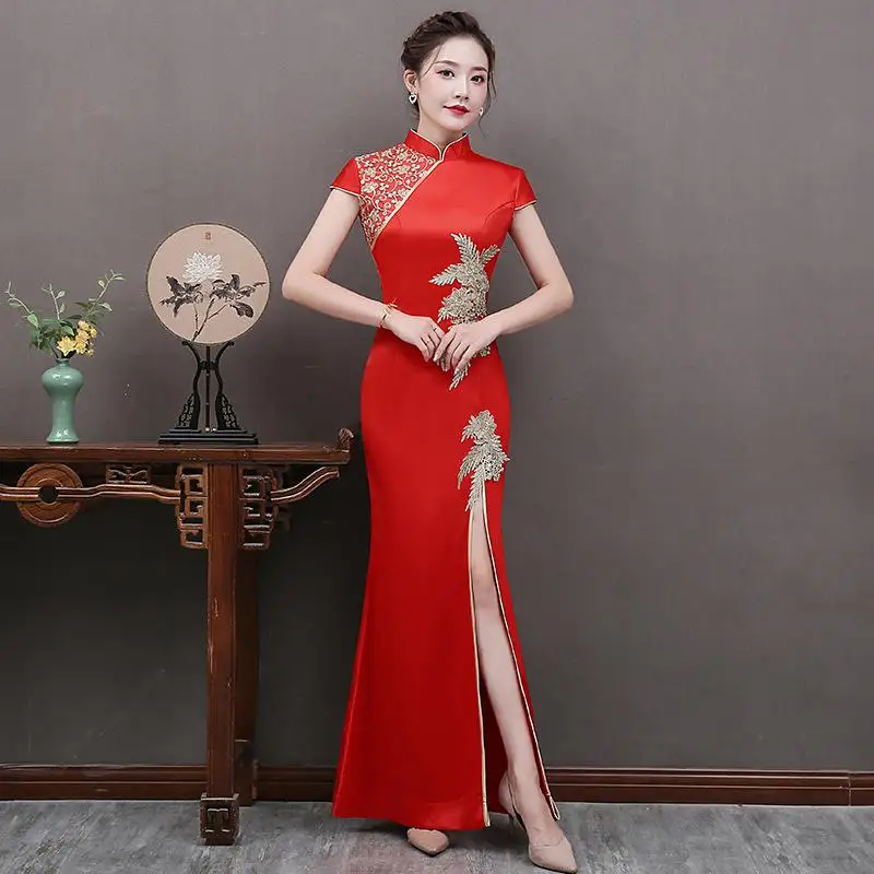 Сексуальное женское длинное платье Cheongsam с кружевным цветком, летнее винтажное платье в китайском стиле длиной до щиколотки, Qipao, тонкие вечерние платья с пуговицами, Vestido - Цвет: Красный