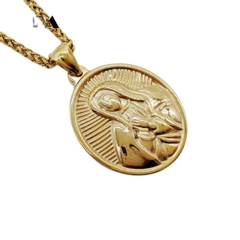 New Gold color oval virgin Mary pendant necklace Stainless steel religious Christian fashion Virgin mary necklace CARA0557