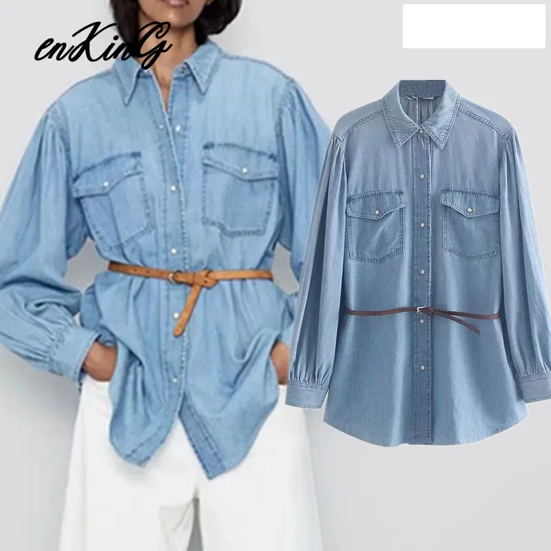 Высокая уличная Свободная джинсовая Блуза с поясом для женщин blusas mujer de moda рубашка бойфренда Женские топы и блузки размера плюс - Цвет: Blue