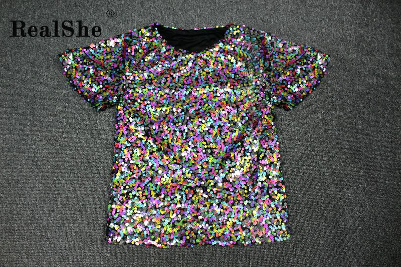 RealShe Tshirt Women O-Neck Short Sleeve Sequins T Shirt Women Summer Casual Elegant T-shirt Femme Fashion Women's T-shirts