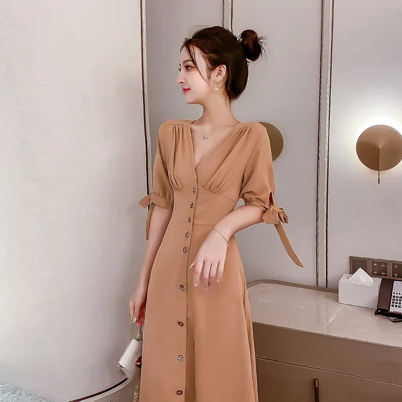 

French Retro Summer Dress Womens Single-breasted Slim Waist V-neck Elegant Party Dresses Holiday Long Dress Casual Midi Dresses