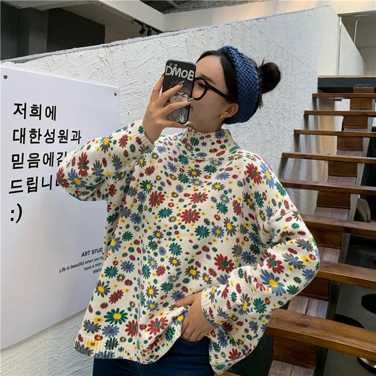 Woherb корейский модный свитер женский Водолазка с длинными рукавами пуловеры Джемперы цветочный узор свободные вязаные топы Pull Femme 90918